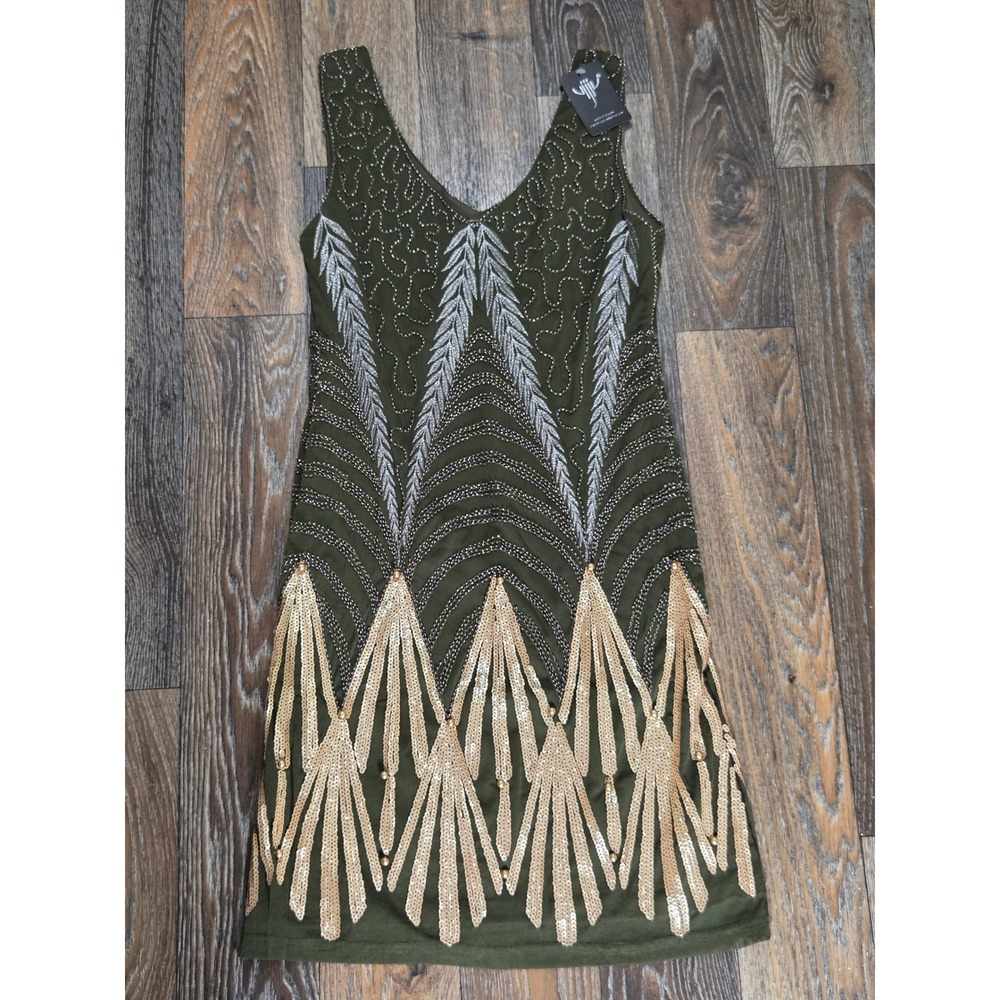 VIJIV Olive Green Sequin Beaded Flapper Dress Art Deco Gatsby Mini Small NEW